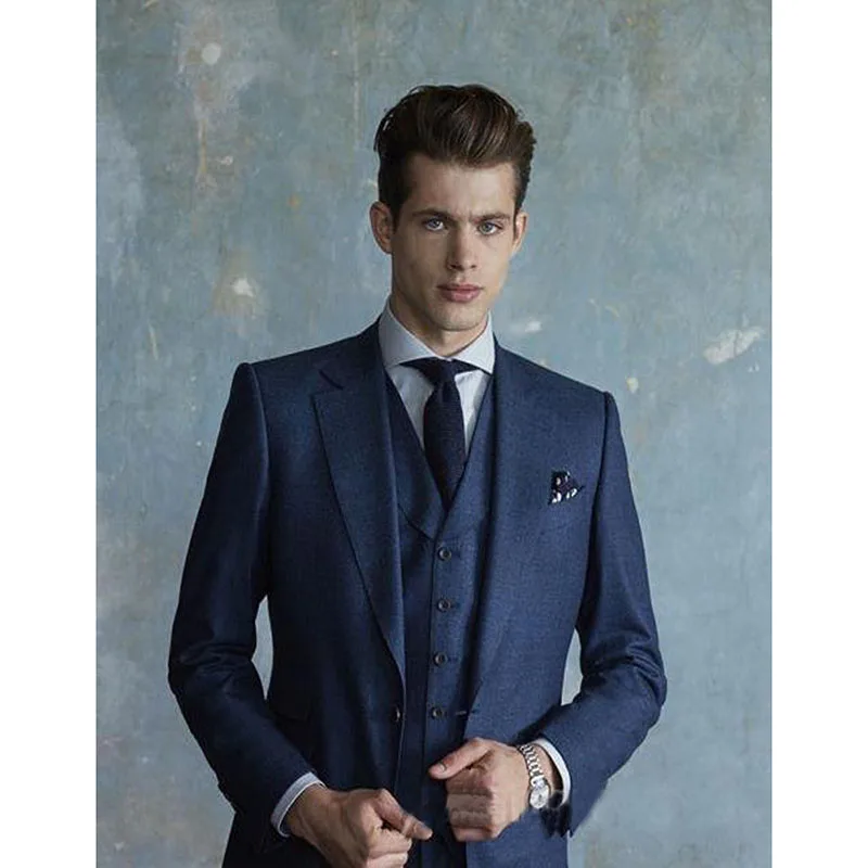 

British Style Navy Blue Bridegroom mens suits Dress Notch Lapel 3 Pieces men suit Clothes (Jacket+Pants+Vest+Tie)