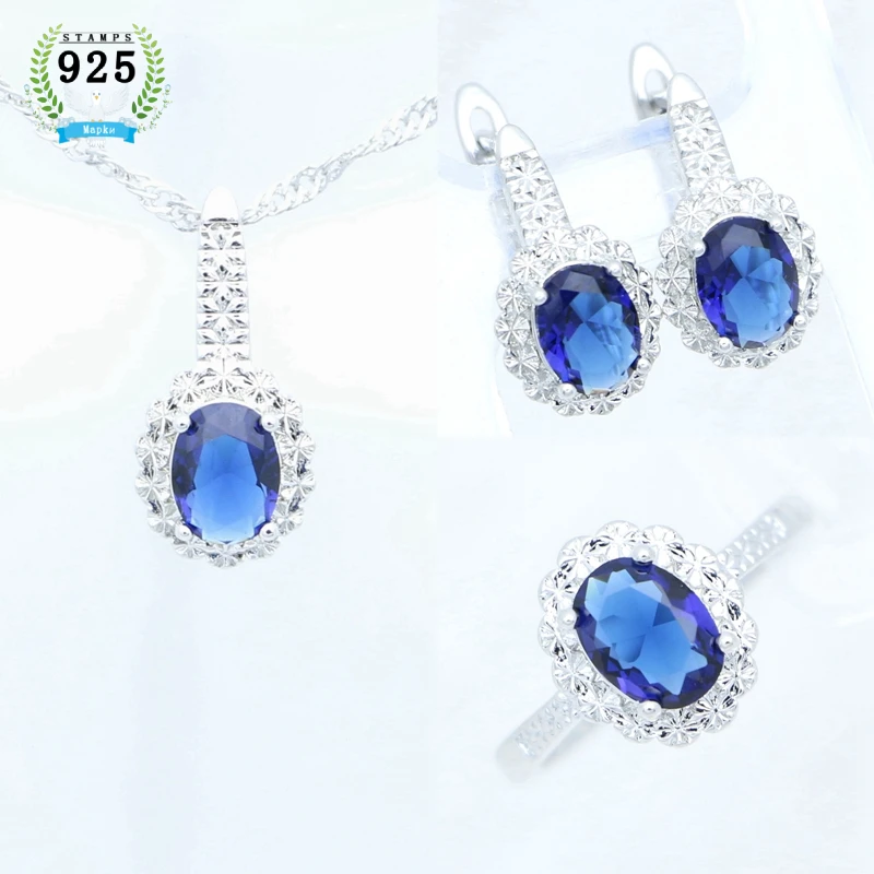 925 Sterling Silver Jewelry Set for Women\'s Wedding Jewelry Earrings Pendant Open Ring Necklace Sapphire Anniversary Gift