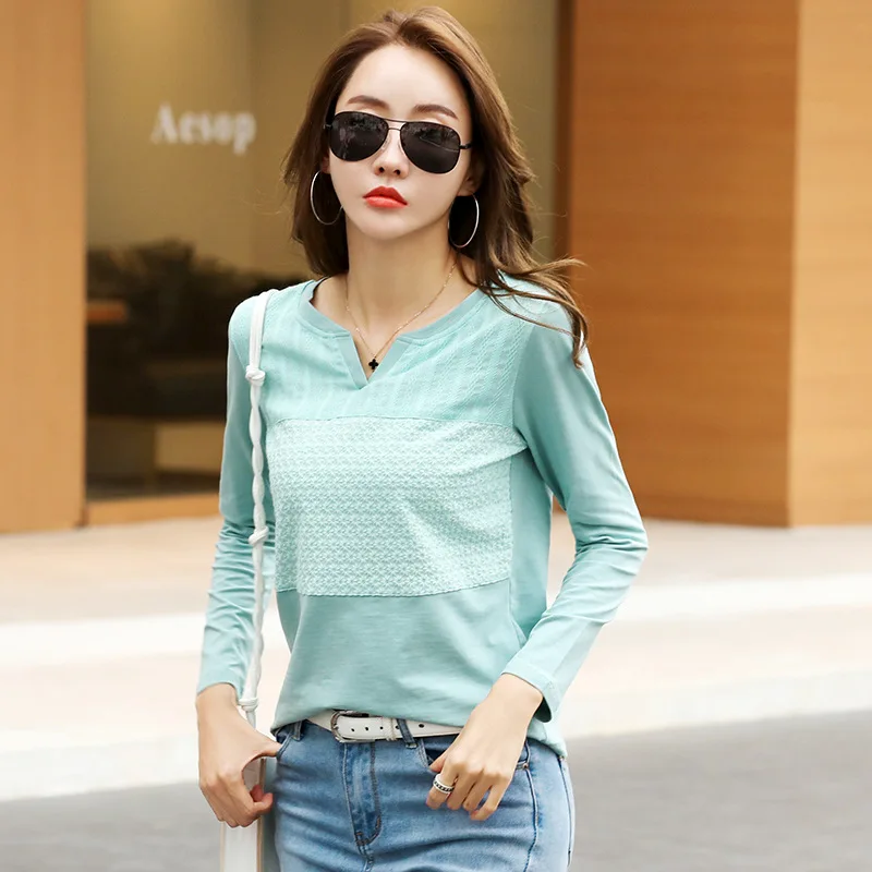 Autumn New Lace Women Tee T Shirt Femme Slim Long Sleeve Embroidery  Office T Shirt Lady Tops Cotton T-Shirt Casual High Quality