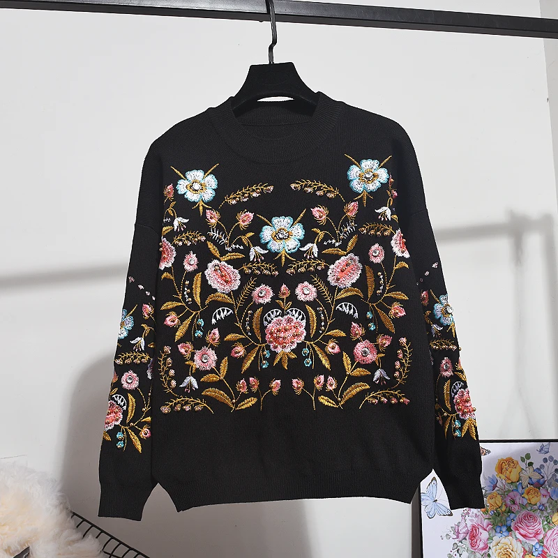 Autumn Winter Black Tracksuit Knitted Set Women Embroidery Flower Sweater Casual Pants Women Loose Two Piece Outfits Female Suit