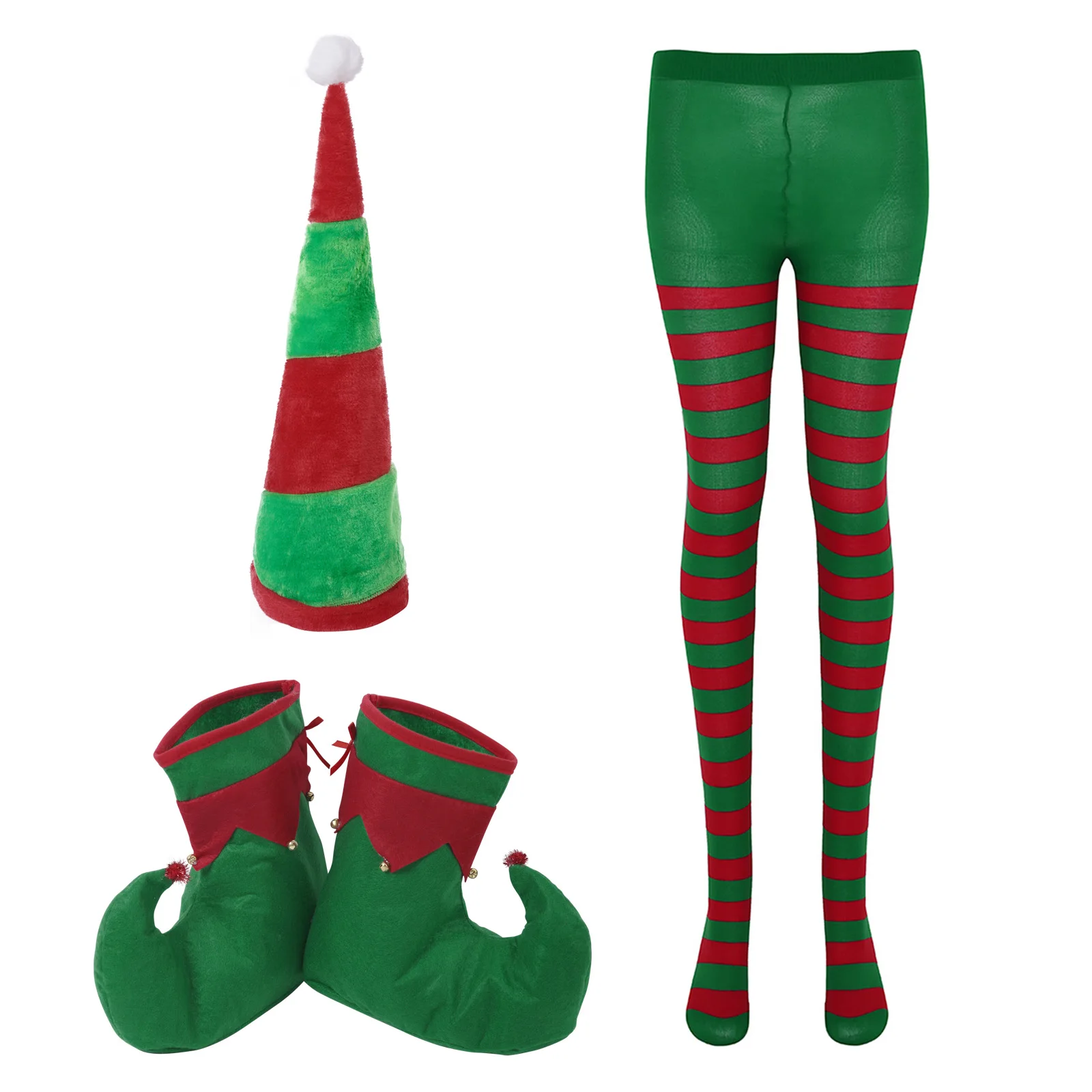 Christmas Elf Hat Santa Elf Shoes and Christmas Striped Tights for Adult Xmas Holiday Party Costume Tights Pantyhose /Hat/Shoes