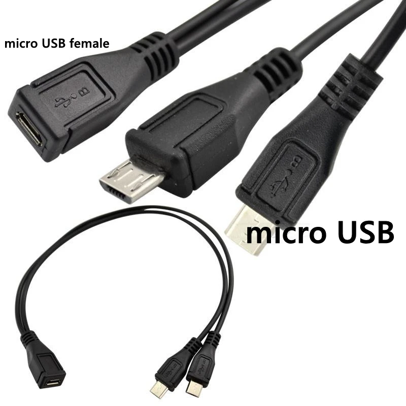 Micro/Mini USB to Micro/Mini USB 5P One point two charging cable ,1 Female to 2 Male Y Splitter Charging Extension Cable 30cm