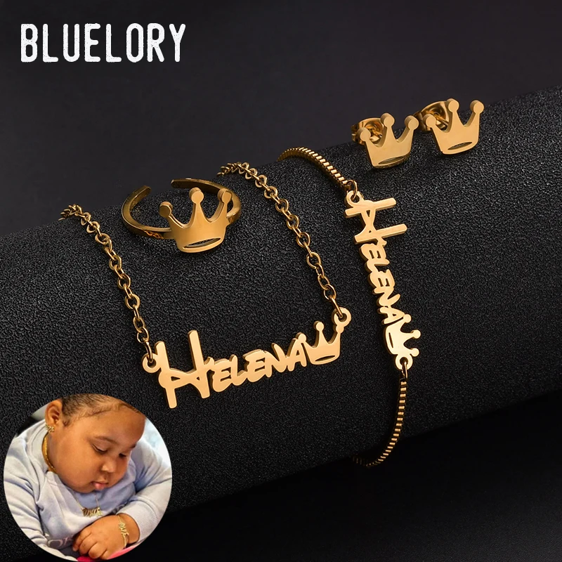 

Детский Ювелирный Комплект Bluelory, ожерелье и браслет из нержавеющей стали с именем ребенка, для новорожденных, подарок на день рождения