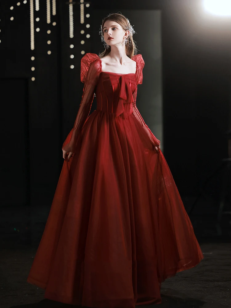 Robe de mariée rouge exquise pour femmes, élégante, col carré, manches longues, robe de cocktail, dos à bandes, robe de mariée Slim