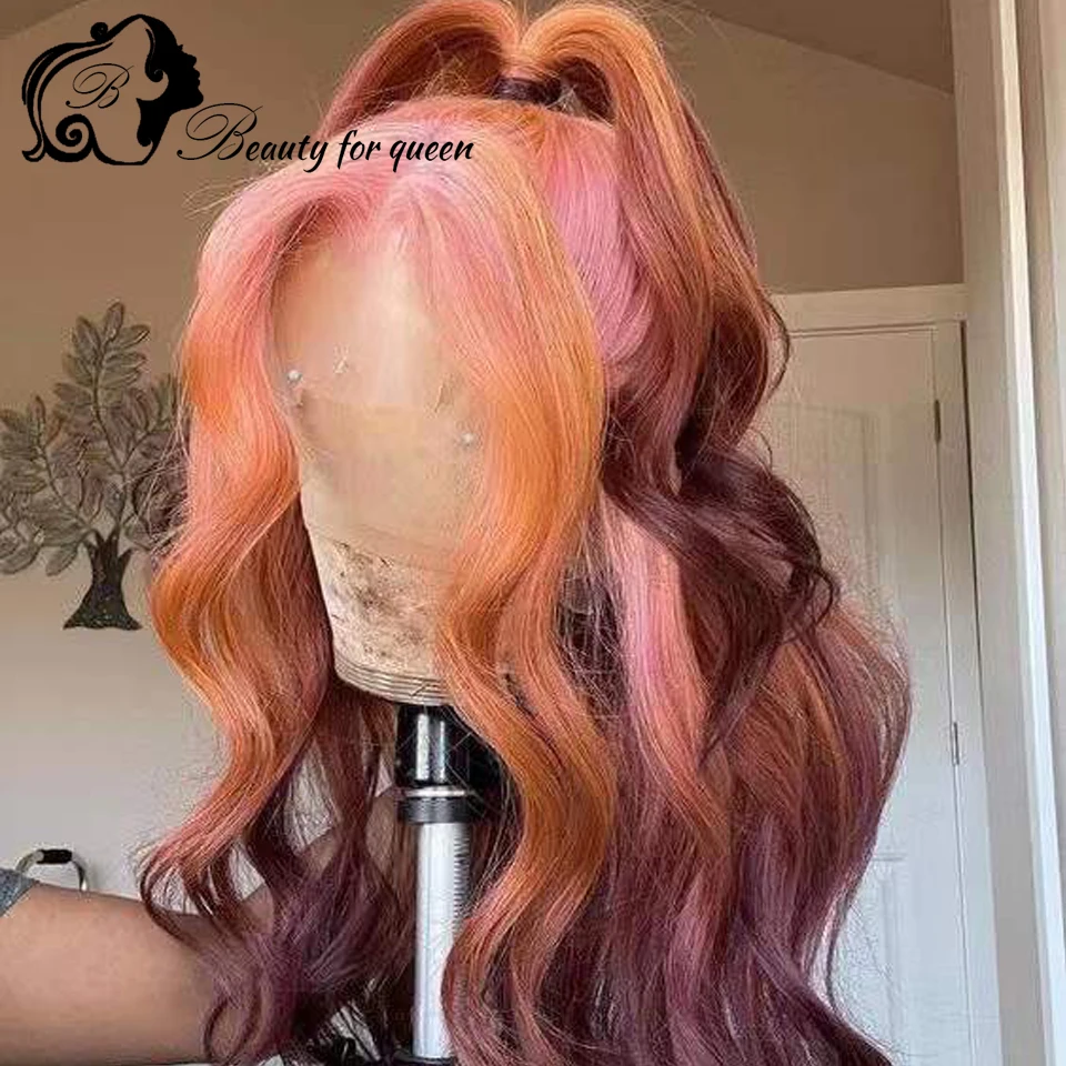 Cosplay Gekleurde Braziliaanse pruik van echt haar 28 inch 13x4 HD Kanten frontale pruiken Ombre Roze Bruin Lichaamsgolf Voorgeplukt 180 Dichtheid - afbeelding 2