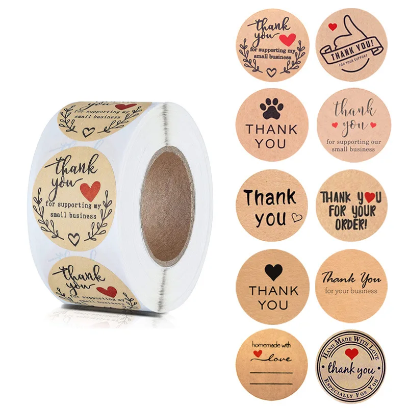 500pcs/roll 1inch 1.5inch Kraft Paper Stickers Thank You Envelope Sealing Labels Gifts Baking Business Packing Sticker Wholesale