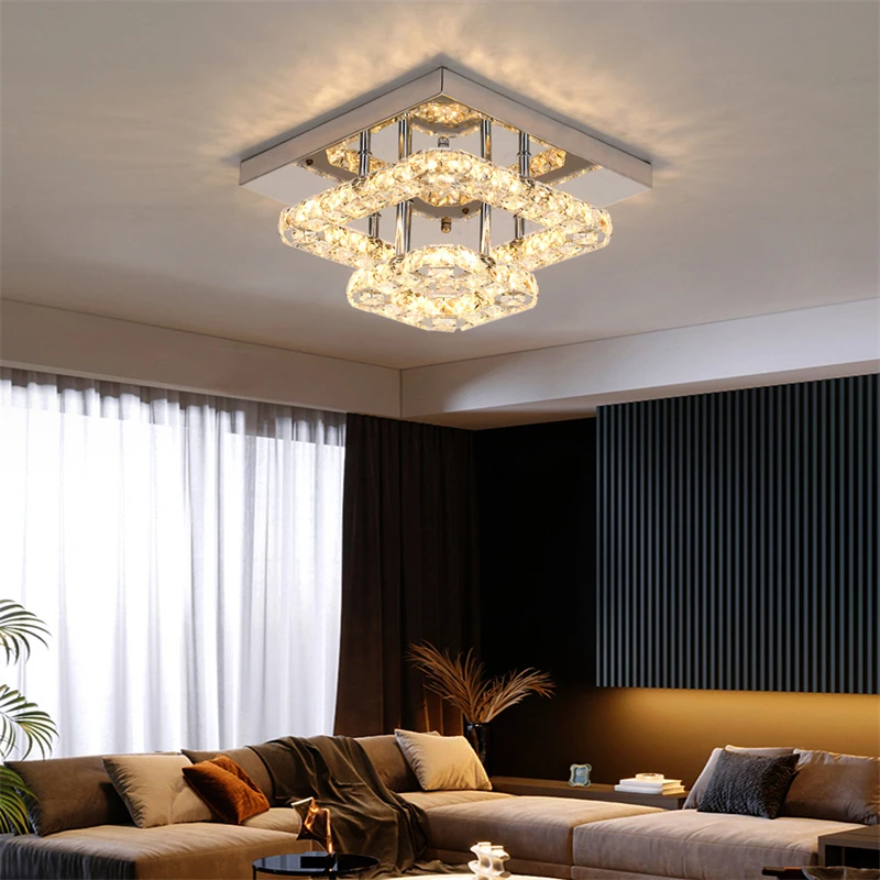 Modern LED Crystal Chandelier Lighting Mirror Rings  Ceiling Lamp for Living Room Kitchen Luminaire Home Decor Light Fixture
