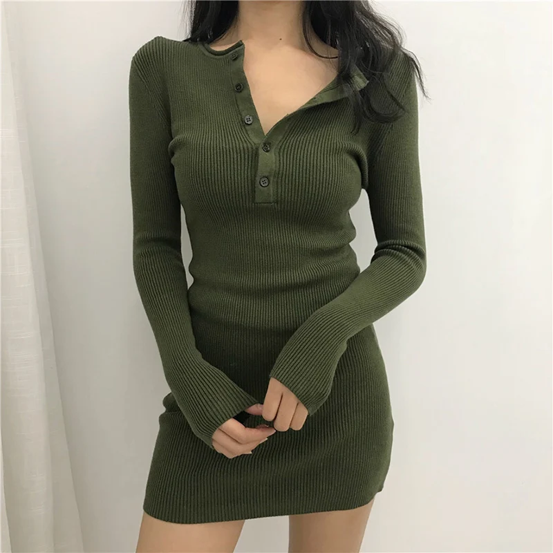 Koreaanse Stijl Mini Zwarte Jurk Vrouwen 2023 Herfst Winter Kleding Lange Mouw Gebreide Knoop Jurken Vrouwelijke Bodycon Slanke Vestidos