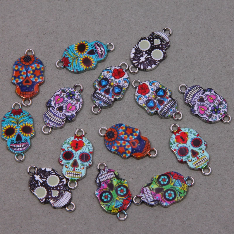 6pcs  Silver Color Enamel Flower Skull Connector for The Jewelry Earrings Accessories Findings DIY 14*26*2mm wholesale