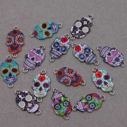 6pcs  Silver Color Enamel Flower Skull Connector for The Jewelry Earrings Accessories Findings DIY 14*26*2mm wholesale