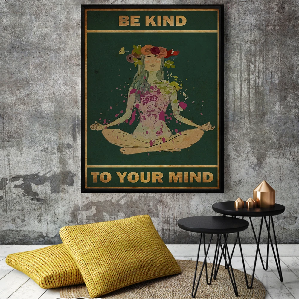 Black Girl Floral Yoga Poster Mental Be Kind To Your Mind Positive Art Prints African Woman Vintage Canvas Painting Home Decor