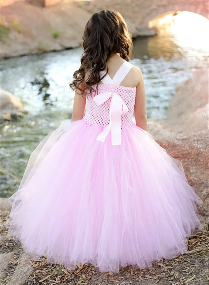 Vestido rosa con tutú de ganchillo para niña, vestido de tul con tirantes y lazo para el pelo, disfraz para fiesta de cumpleaños y boda