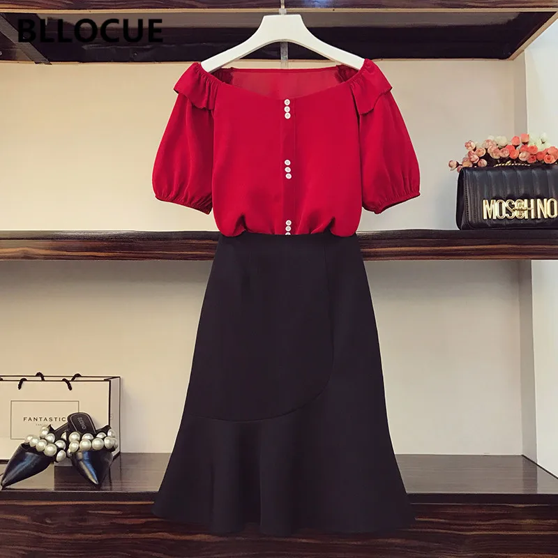 

BLLOCUE 2020 Summer Runway Designer Suit Set Women Short Sleeve Word Collar Chiffon Shirt Top + Black Fishtail Midi Skirt Set