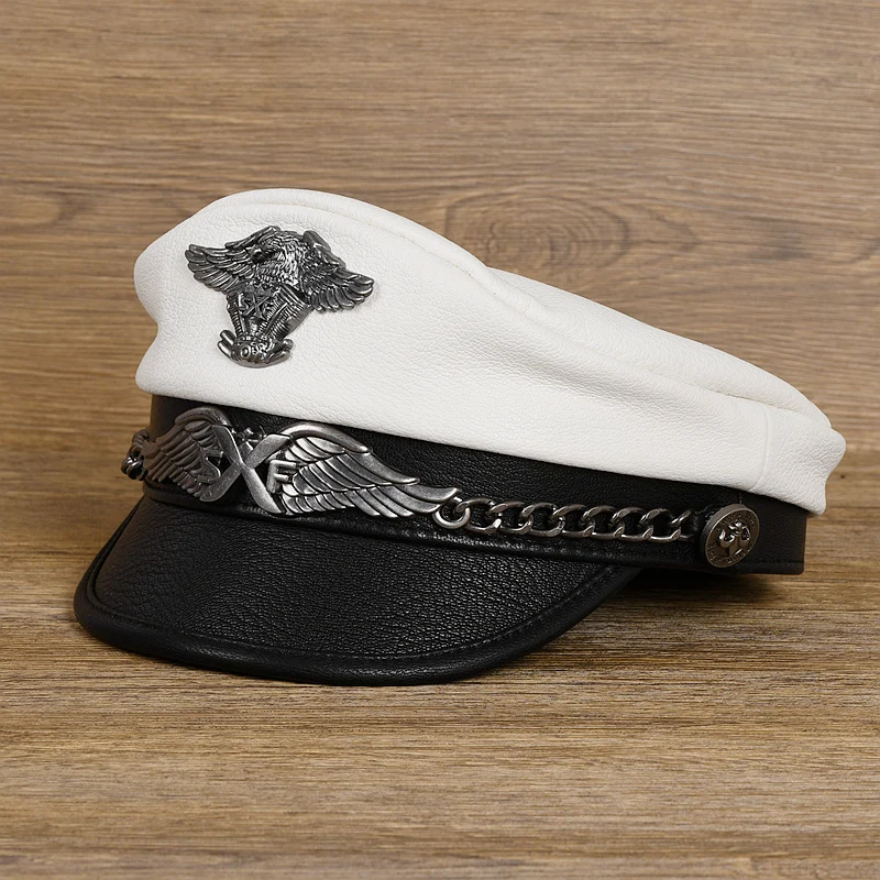 Chapéu da marinha alemã para homens mulheres de couro genuíno retro locomotiva caps masculino primavera marinheiro capitão casquette legal plana superior gorras