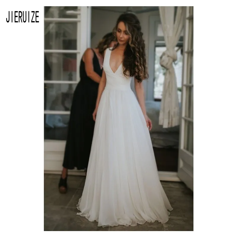 

JIERUIZE Simple Sexy Beach Wedding Dresses Deep V Neck Backless With Button Chiffon Bride Dresses Bridal Gown vestido de noiva