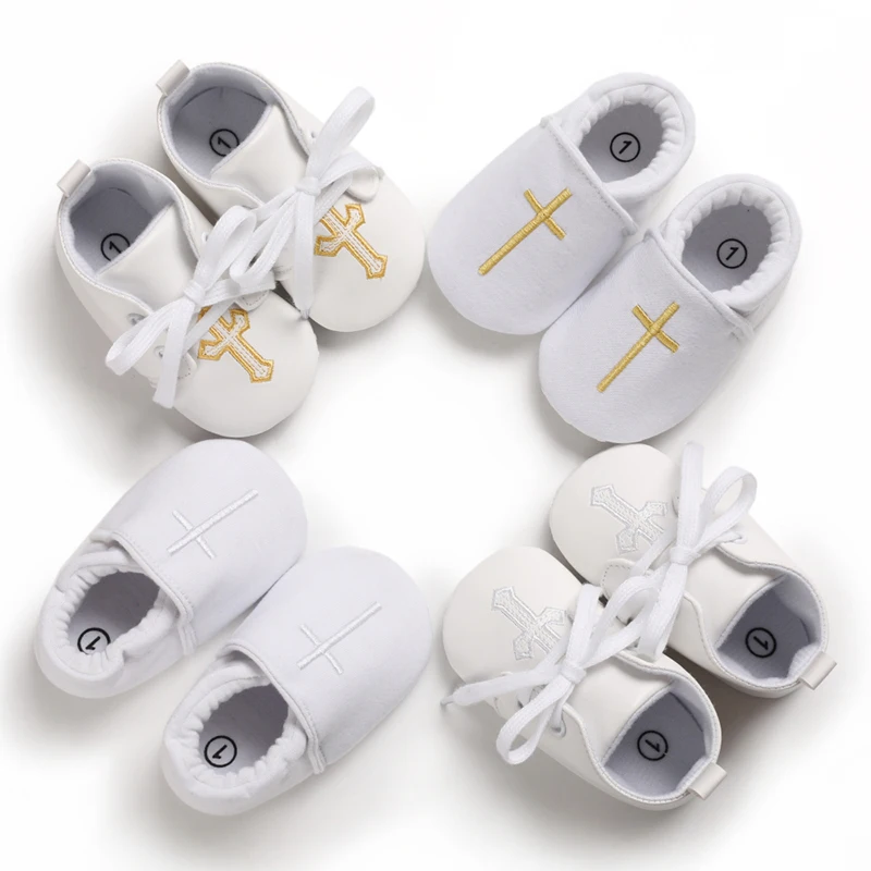 Babies Baptism Shoes 1 To 18 Months Comfortable Breathable Shoes Cross Chapel Soft Soles Shoes 0-18M White For Boys And Girls