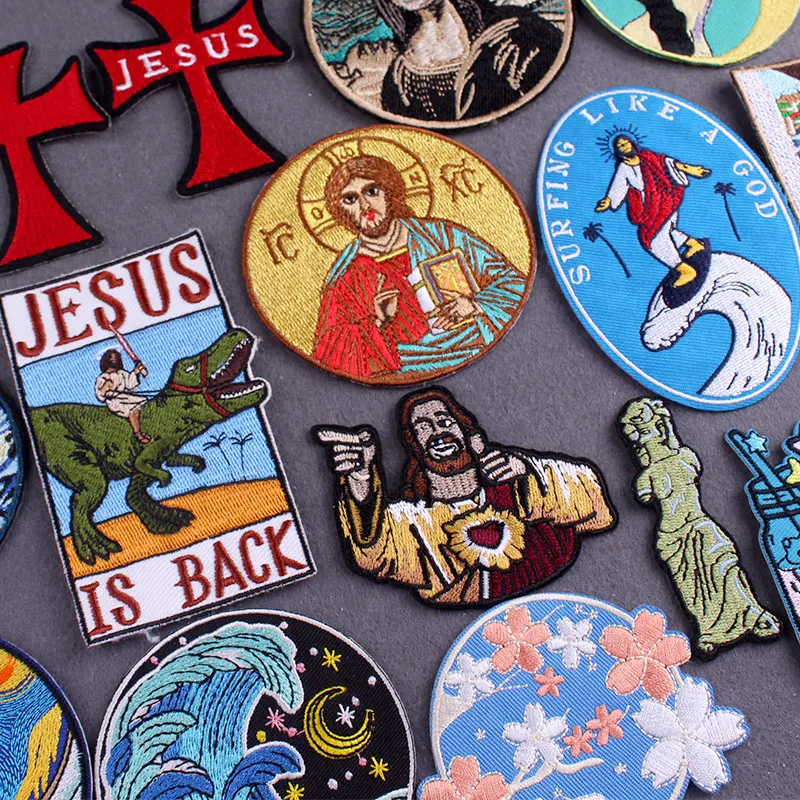 Jesus Embroidered Patches For Clothing DIY Van Gogh Iron On Patches On Clothes Stripes Sea Wave Badges On BackPack Accessory