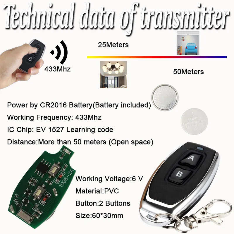 433MHz Garage Door Opener Remote Control Switch Universal Wireless DC 12V 2CH Relay Receiver Module Transmitter For DC Motor LED