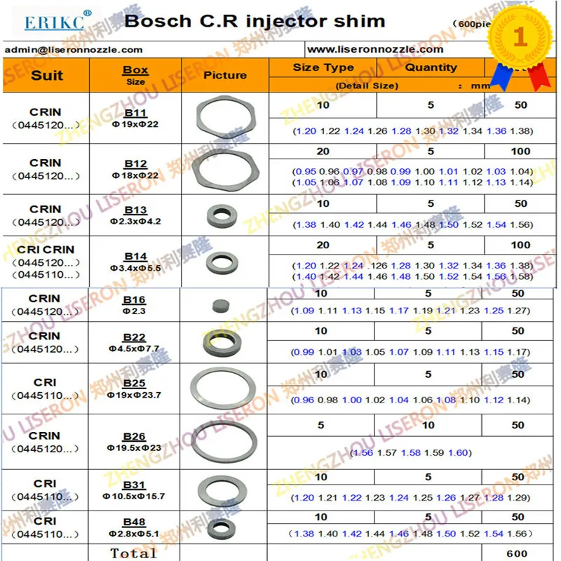 

600PCS Injector Shims Gaskets B11 B12 B13 B14 B16 B21 B22 B23 B24 B25 B26 B31 B48 Nozzle Valve Adjust Washer Repair for Bosch