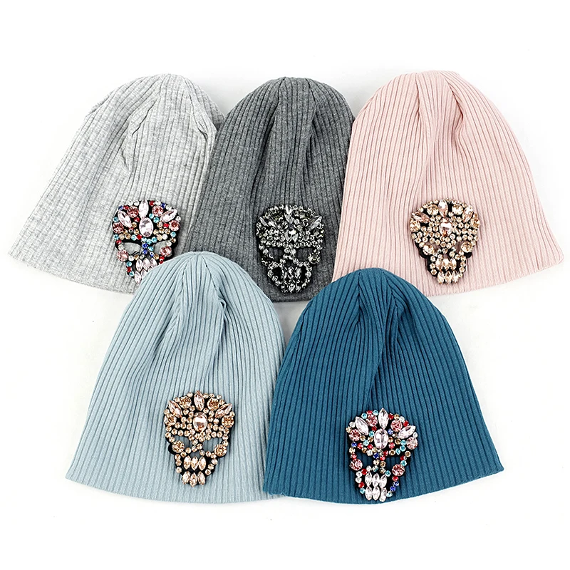 

Baby Solid Color Ribbing Warm Beanies Toddler Fashion Casual Elastic With Skull Rhinestone Hat Soft Windproof Kid Skullies Cap