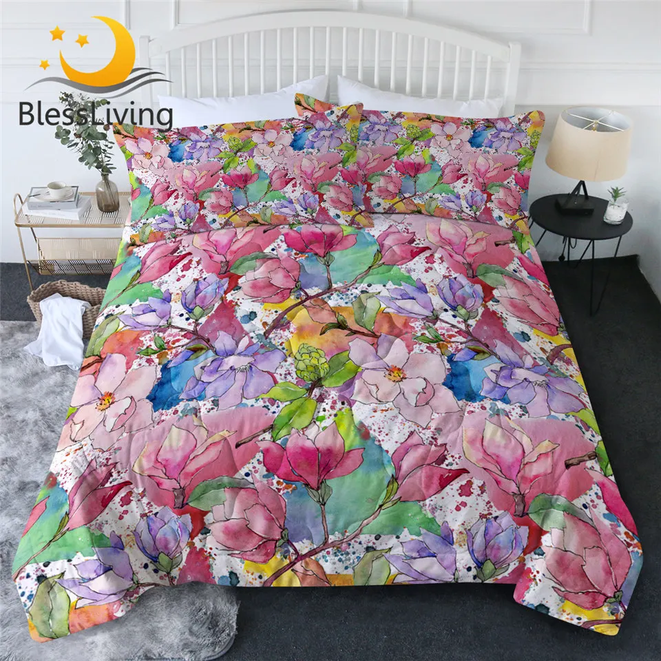 

BlessLiving Magnolias Quilt Set Flowers Summer Comforter Watercolor Pink Bedding 3 Pieces Leaf Floral colcha verano Queen King