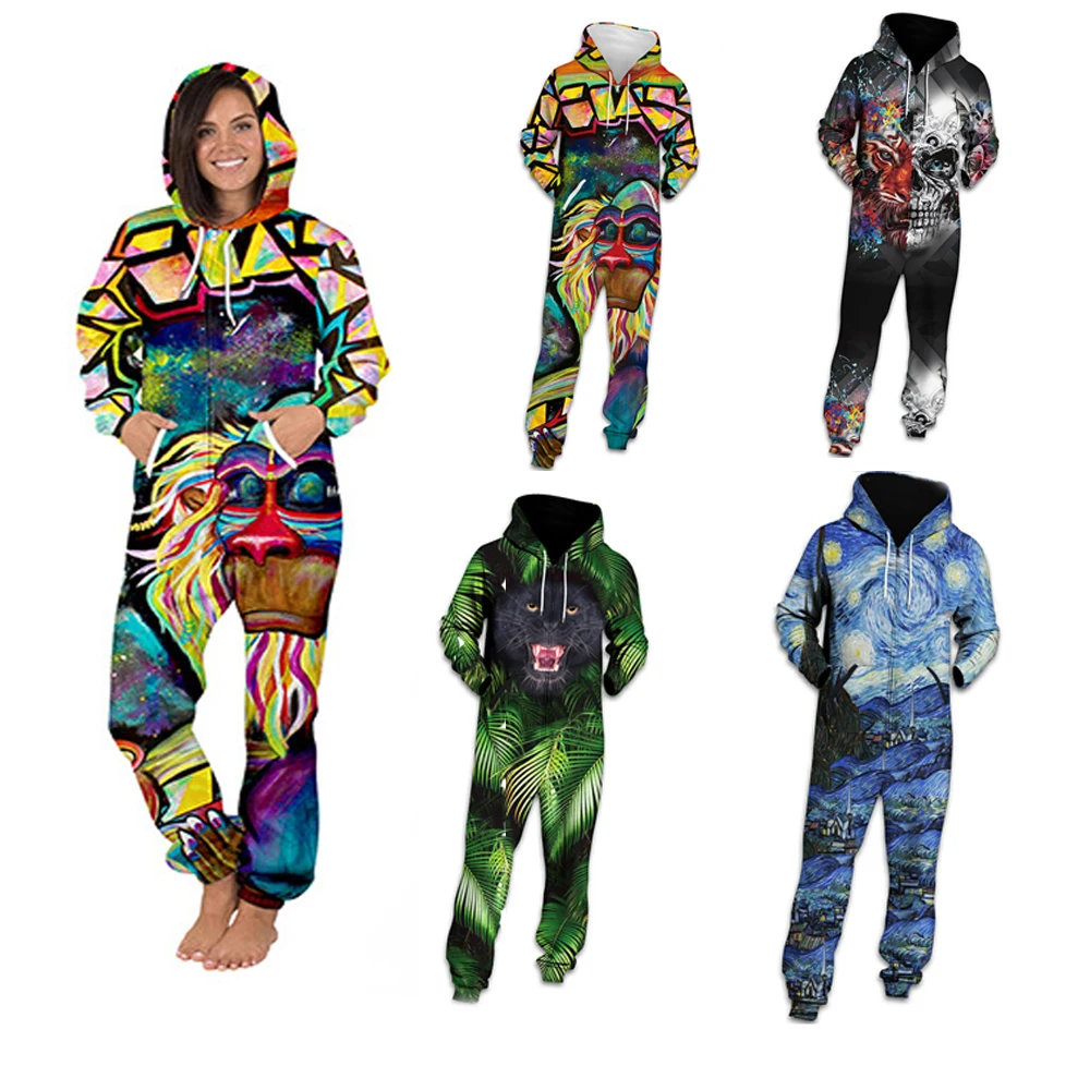 Women 3D Print  Jumpsuit Adult Onesie Romper Casual Playsuit Hooded Pullover Overalls Long Sleeve Pajama Plus Size Outfits