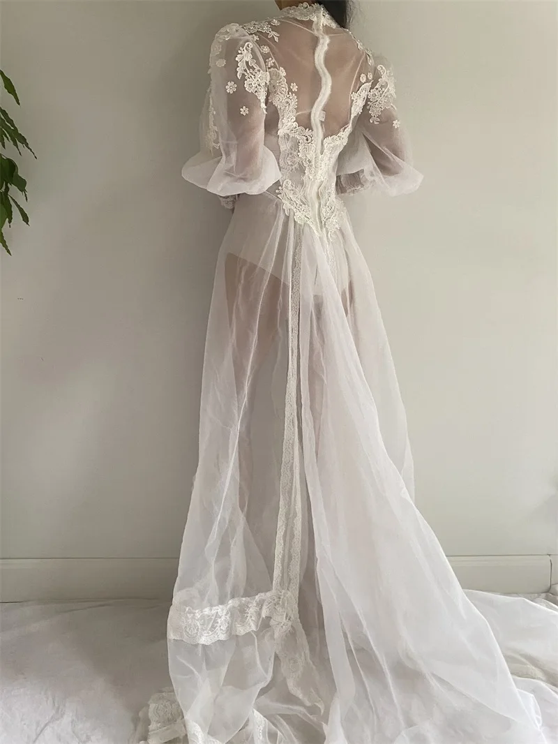 White Lace Sequined Tulle Long Sleeve Bridal Wrap Sexy Kimono Pregnant Party Sleepwear Women Bathrobe Sheer Nightgown Robe