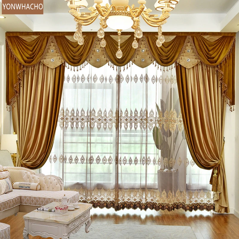 

Custom curtains European living room bedroom luxury high-end court velvet gold cloth blackout curtain tulle valance drape B590