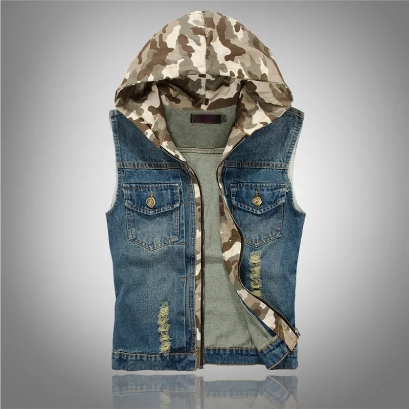 

Hoodie Cowboy Sleeveless Solid Denim Jean Vest Men Casual Hip Hop Motorcycle Jeans Slim Fit Waistcoat Jacket for Male Hat M-4XL