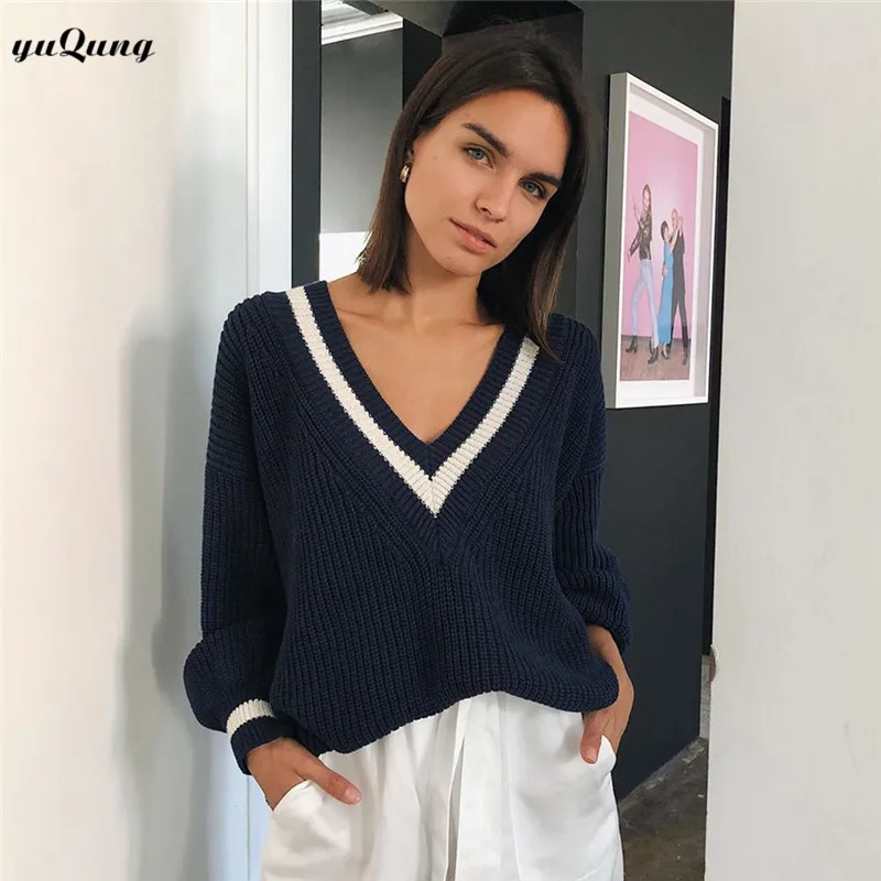 Women V-neck Knitted Sweater Long Sleeve Ladies Casual Pullover Tops Autumn Winter Female Loose Jumper Knitwear 2024 Yuqung