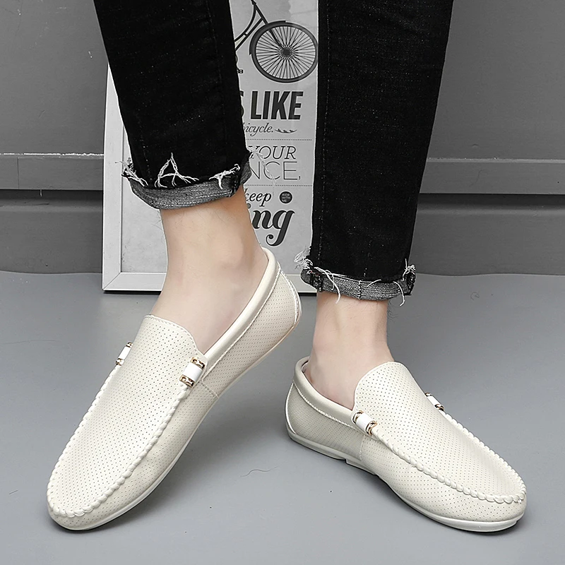 Men\'s Casual Shoes Luxury Brand 2022 Summer Leather Italian Loafers Men Moccasins Hollow Out Slip on Flats Boat Driving Shoes