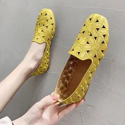 Cheap Square Toe Loafers Women Faux Leather Ballet Flats Big Size 42 Ladies Hollowed Summer Trip Shoes Woman Embroidery Moccasin