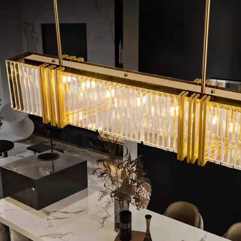 Modern rectangle crystal chandelier dining room hanging light fixture brushed gold kitchen island led cristal lustre lamp