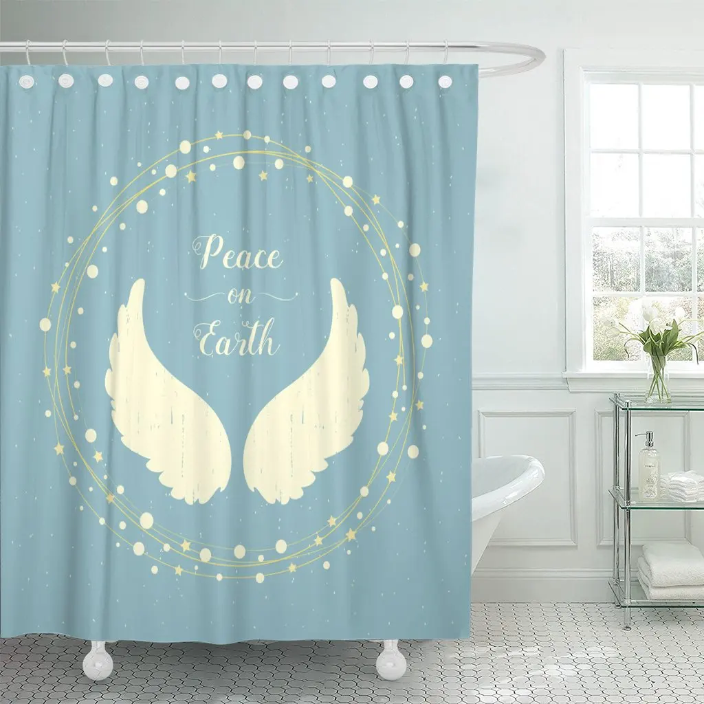 Blue Holiday Angel Wings and Christmas Wreath Peace Shower Curtain Waterproof Polyester 72 x 78 inches Set with Hooks