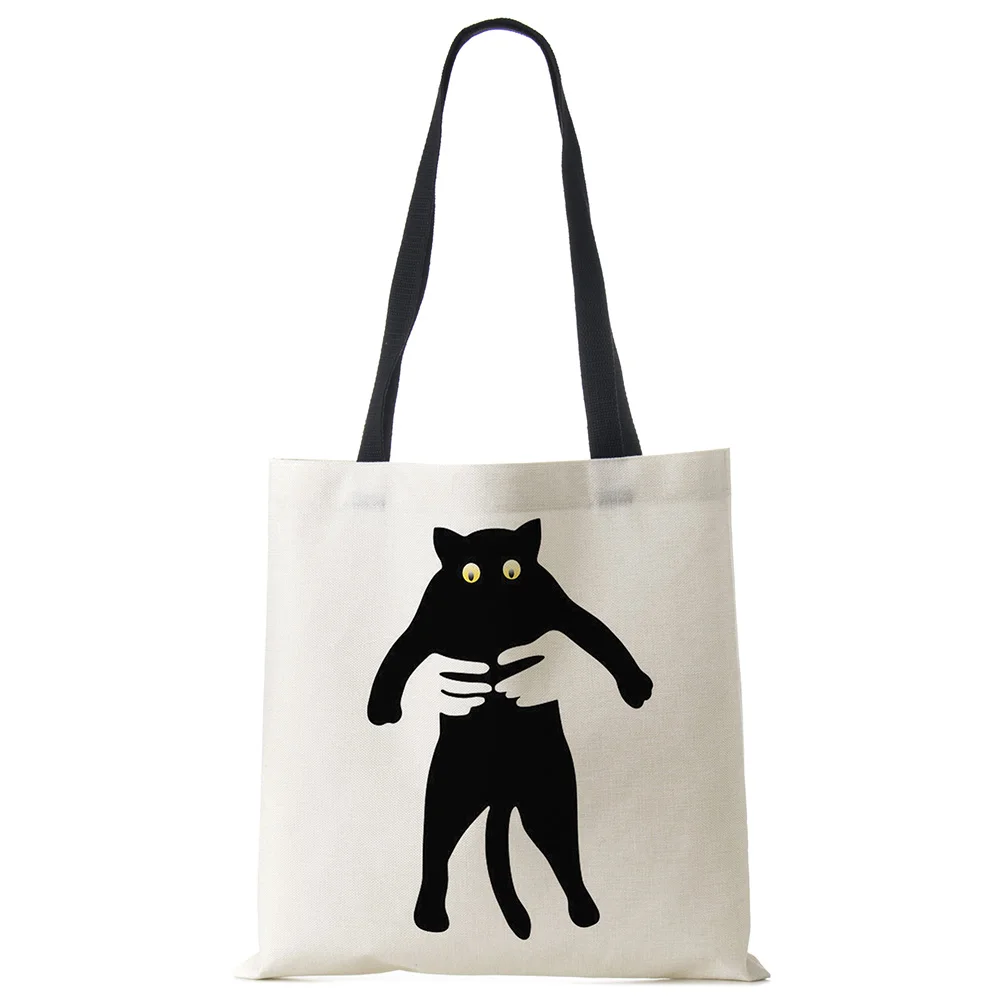 Bolsa de design feminina de linho com estampa de gato preto, bolsa de compras para escritório, reutilizável, casual e de ombro