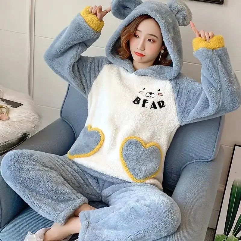 

Thick Warm Coral Velvet Pajamas Sets For Women Girls Sleepwear Suit Winter Nightwear Cartoon Pijama Mujer Cute Pajamas Homewear