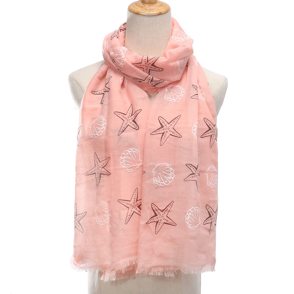 FOXMOTHER New Fashion Shawl Wrap Mint Yellow Color Starfish Shell Print Scarfs For Women Foulard Echarpe 2021