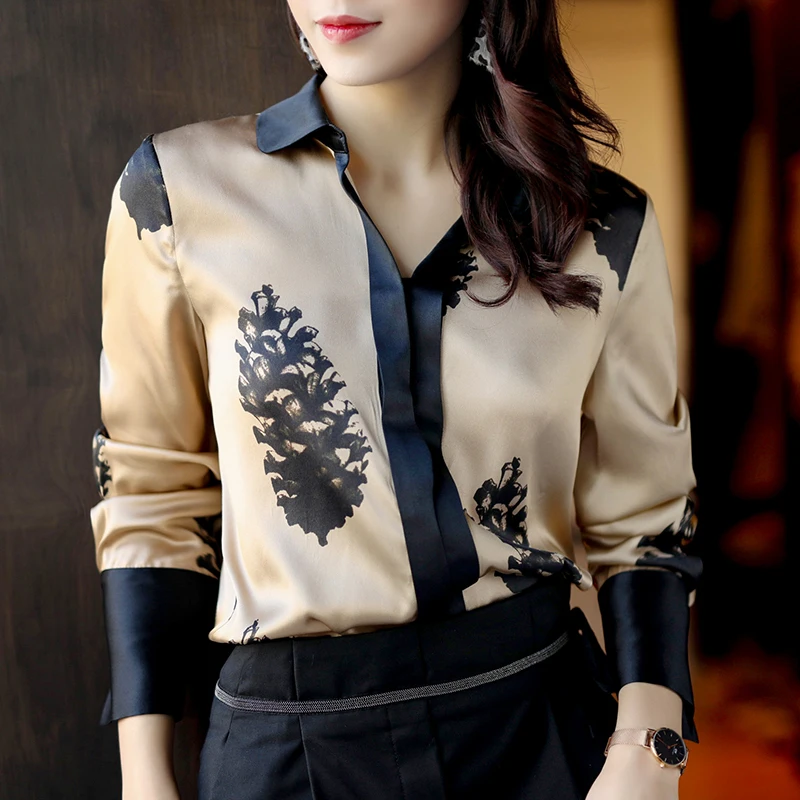 Women's Satin heavy weight silk shirt women's autumn 2020 long sleeve temperament fashion printed top mulberry silk shirt