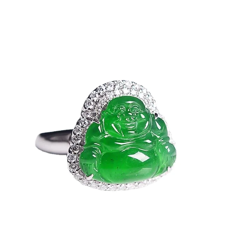 Inlaid crystal natural ice seed Hetian chalcedony green geometric opening adjustable ring temperament retro ladies jewelry