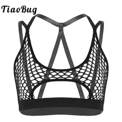 Women's Hollow Fishnet Halter Elastic Spaghetti Straps Crisscross Back Cutout Underboob Vest Crop Tops Festival Rave Clubwear