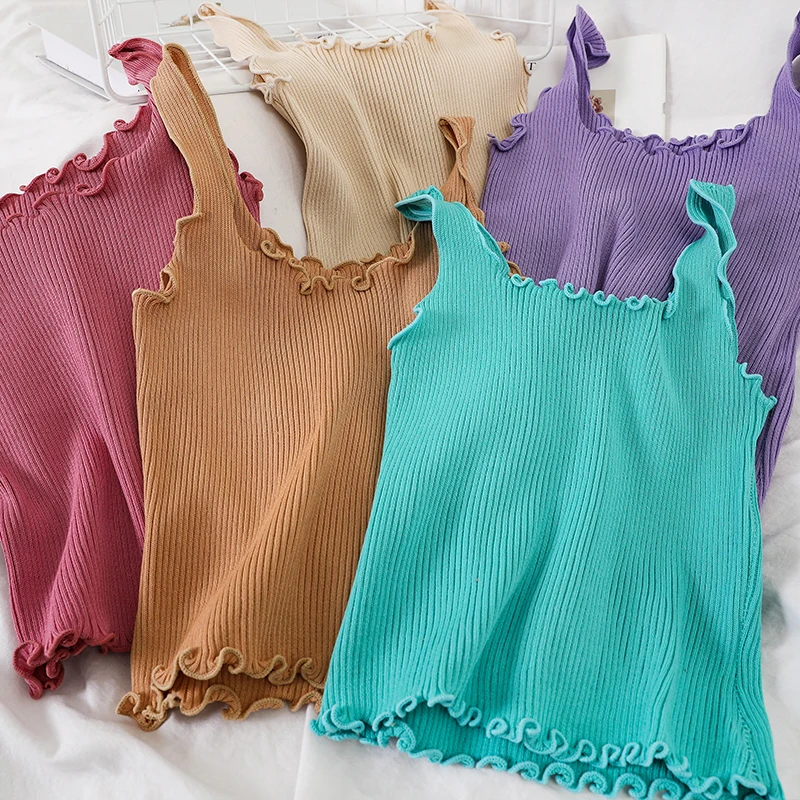 Pearl Diary 7 Colors Rib Knit Tank Tops Lettuce Edge Sexy Sleeveless Tops Summer Candy Color Sweet Tops For Women Beach Hot Top