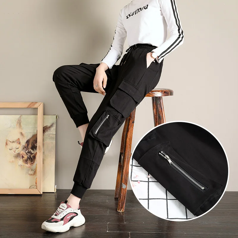 Cargo Women Pants Safari Style Drawstring Elastic Waist Cotton Pants Female High Waist Korean Fashion Casual Women Trousers