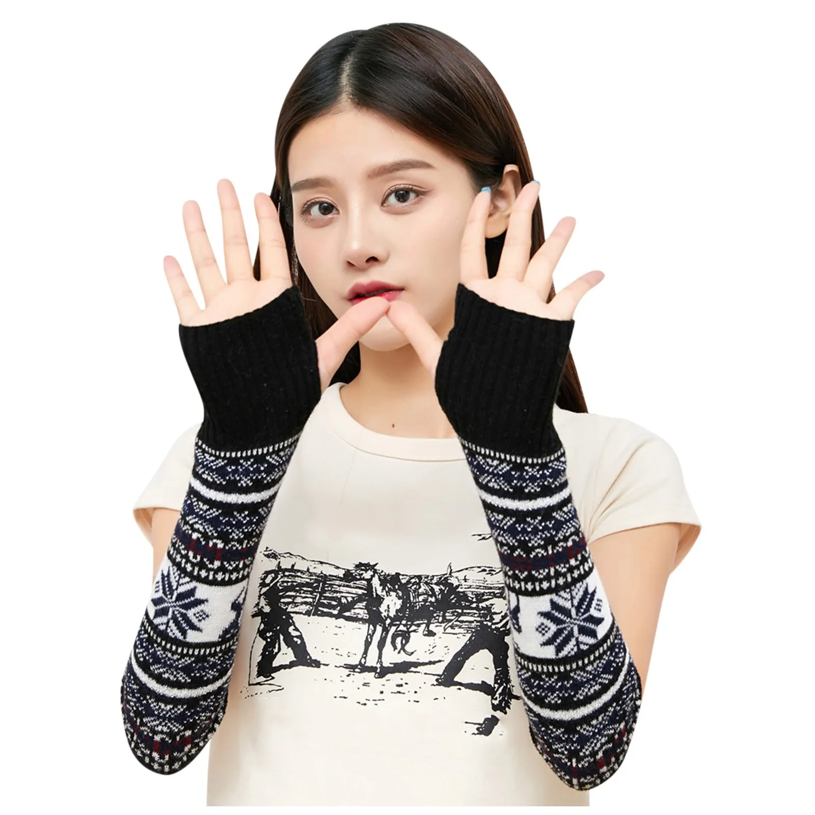 Christmas Fashion Gloves Long Half Finger Women Winter Warm Arm Cover Fawn Snowflake Jacquard Wool Knitted Fingerless Gloves New