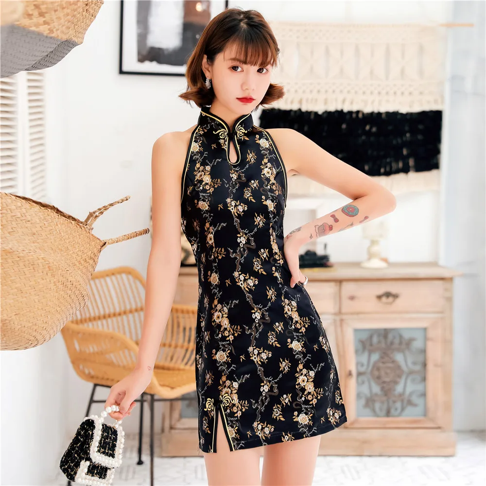 

Пикантное тонкое мини-платье без рукавов Qipao, винтажное классическое атласное китайское платье, традиционное китайское платье Ципао с цветочным рисунком