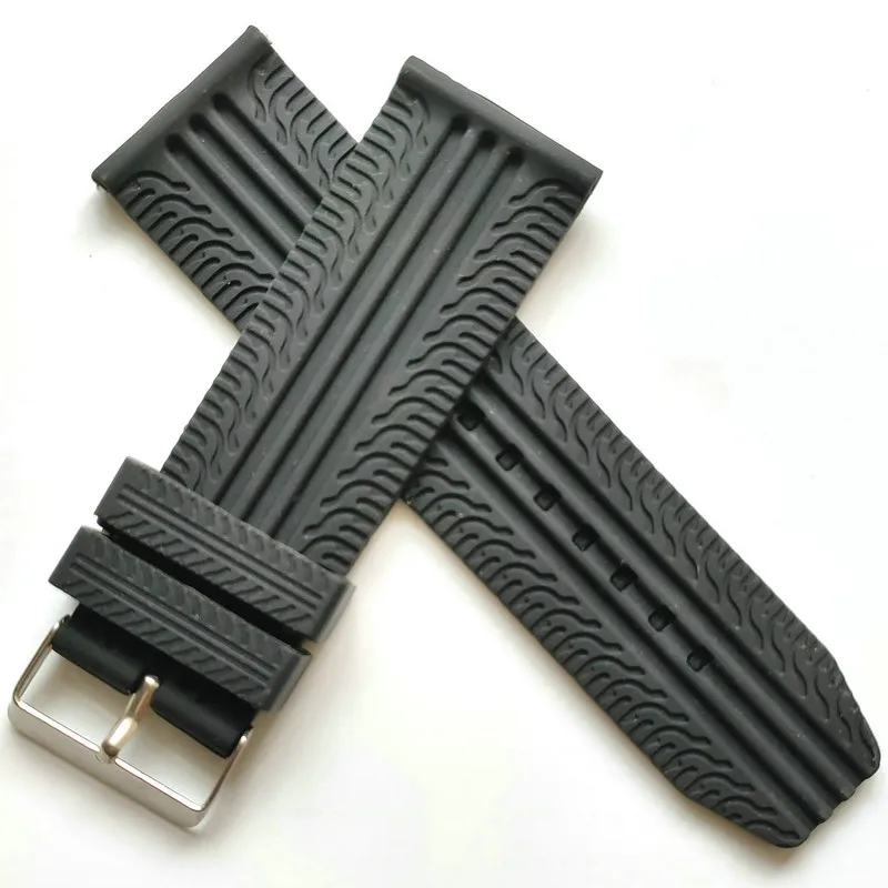 26mm 28mm 30mm Silicone Rubber Watch Band Thin Tire Track Sports Style Strap for Fashion Casual Mens Watches Black