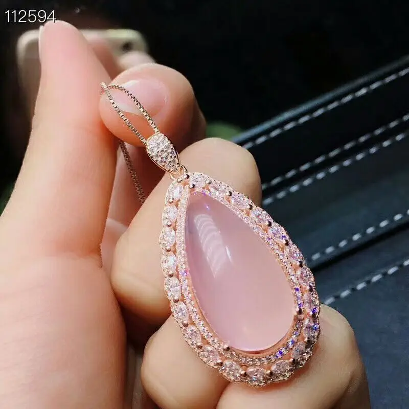 MeiBaPJ Natural High Quality Pink Big Rose Quartz Gemstone Fine Jewelry Set 925 Pure Silver Necklace and Ring Suit for Women