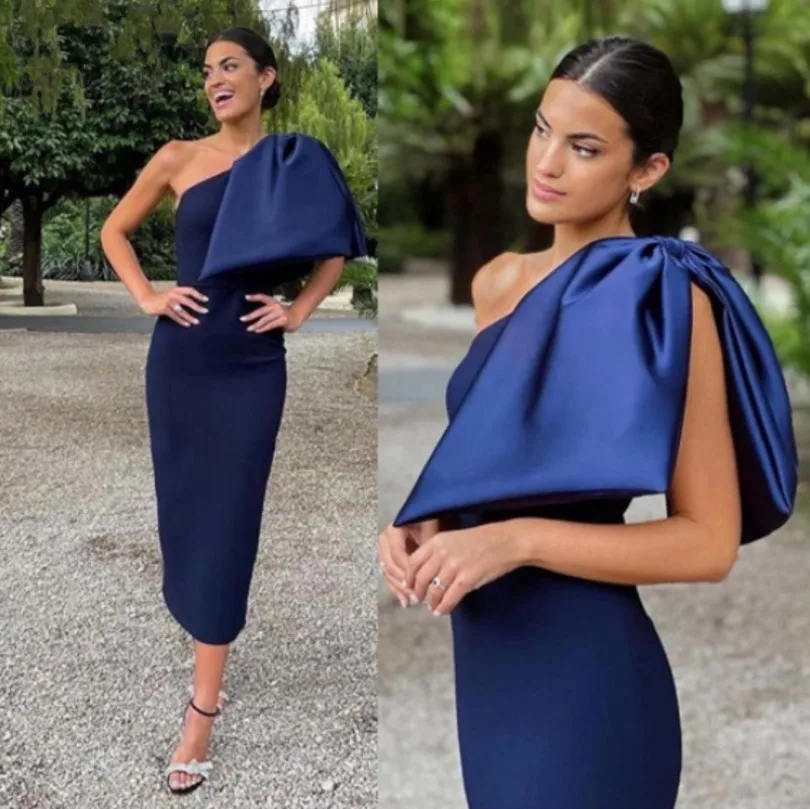 Navy Blue Satin Formal Evening Dress With Big Bowknot One Shoulder Tea Length Prom Party Gown Custom Robe De Soiree Vestidos