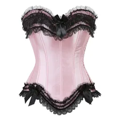 Sexy Satijnen Corset Top Lace Strik Versierd Clubwear Showgirl Body Shaper Plus Size