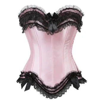 เซ็กซี่ซาติน Overbust Corset Top Lace Bowknot ตกแต่ง Clubwear Showgirl Body Shaper Plus ขนาด