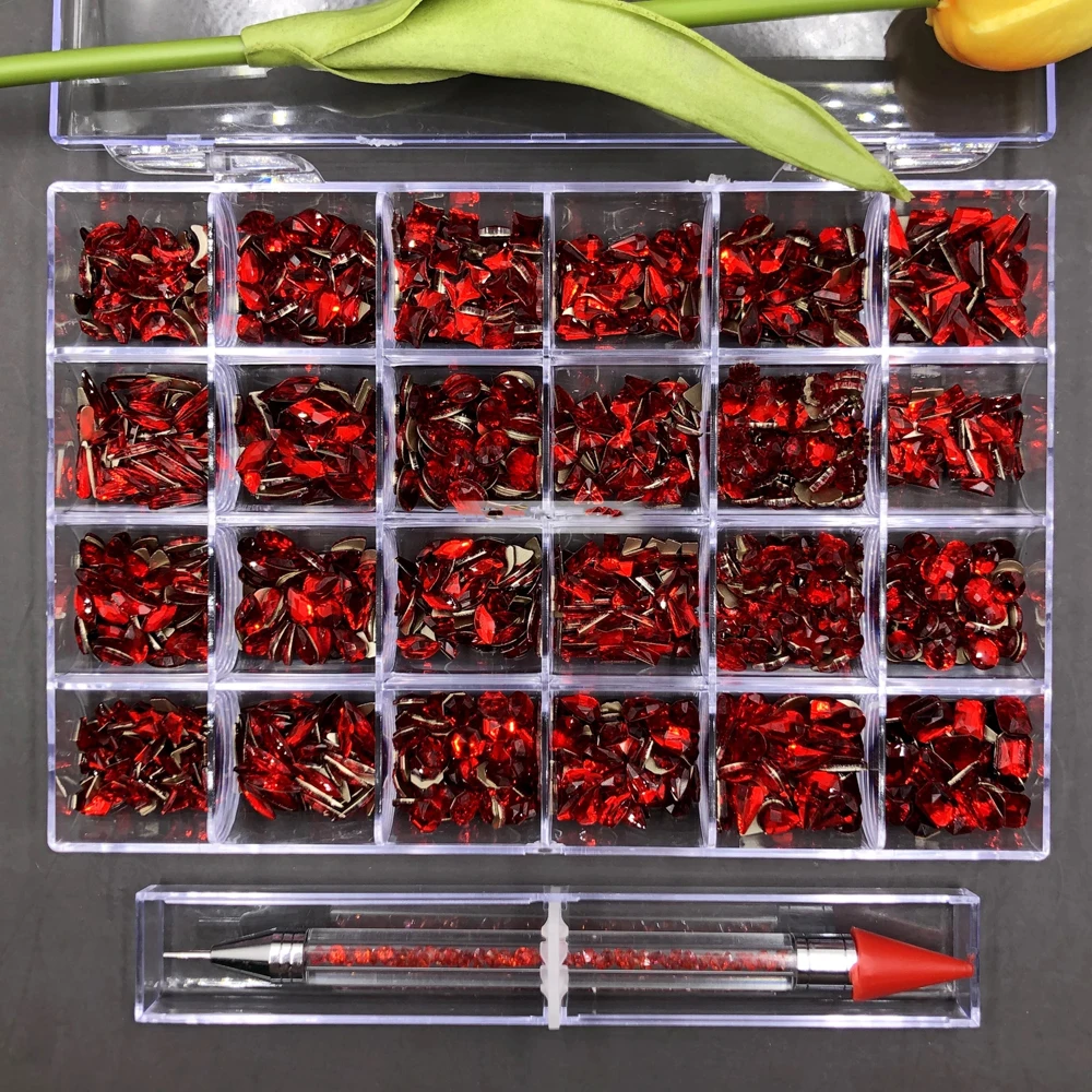 

Glass Nail Crystals Bling Box-Red 24 grid Box with 1pc Dotting+AB Crystal Rhinestones Box Clear Multi-Shape Flat Back Nail Gem